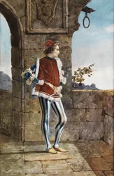 Höfischer Jüngling im mittelalterlichen Kostüm an einem Mauerbogen mit Blick in die Landschaft